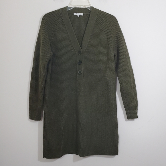 Madewell Womens Henley Sweater Dress Merino Wool Blend Olive Green Brown Size XS - Picture 2 of 10